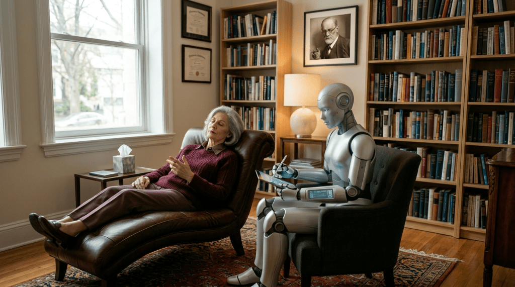 Robot therapist taking notes during a therapy session with a man reclining on a couch